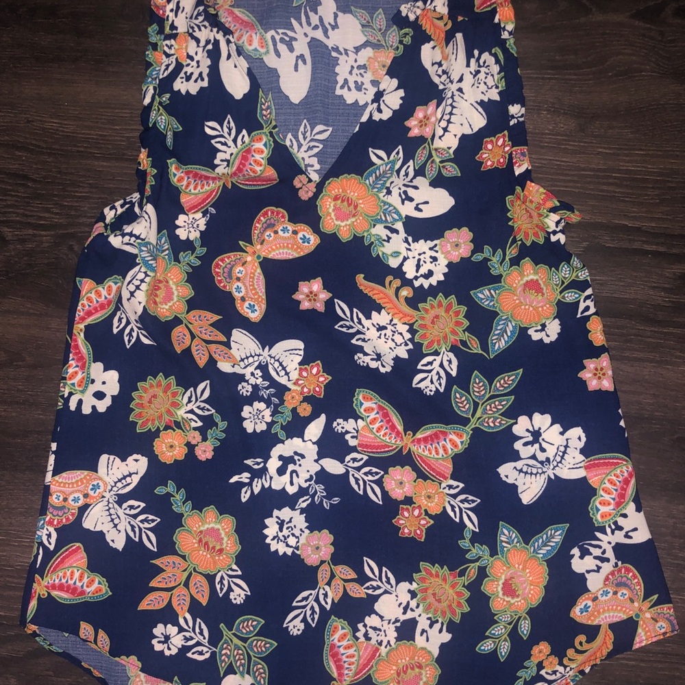 Navy Floral Sleeveless V-Neck Blouse